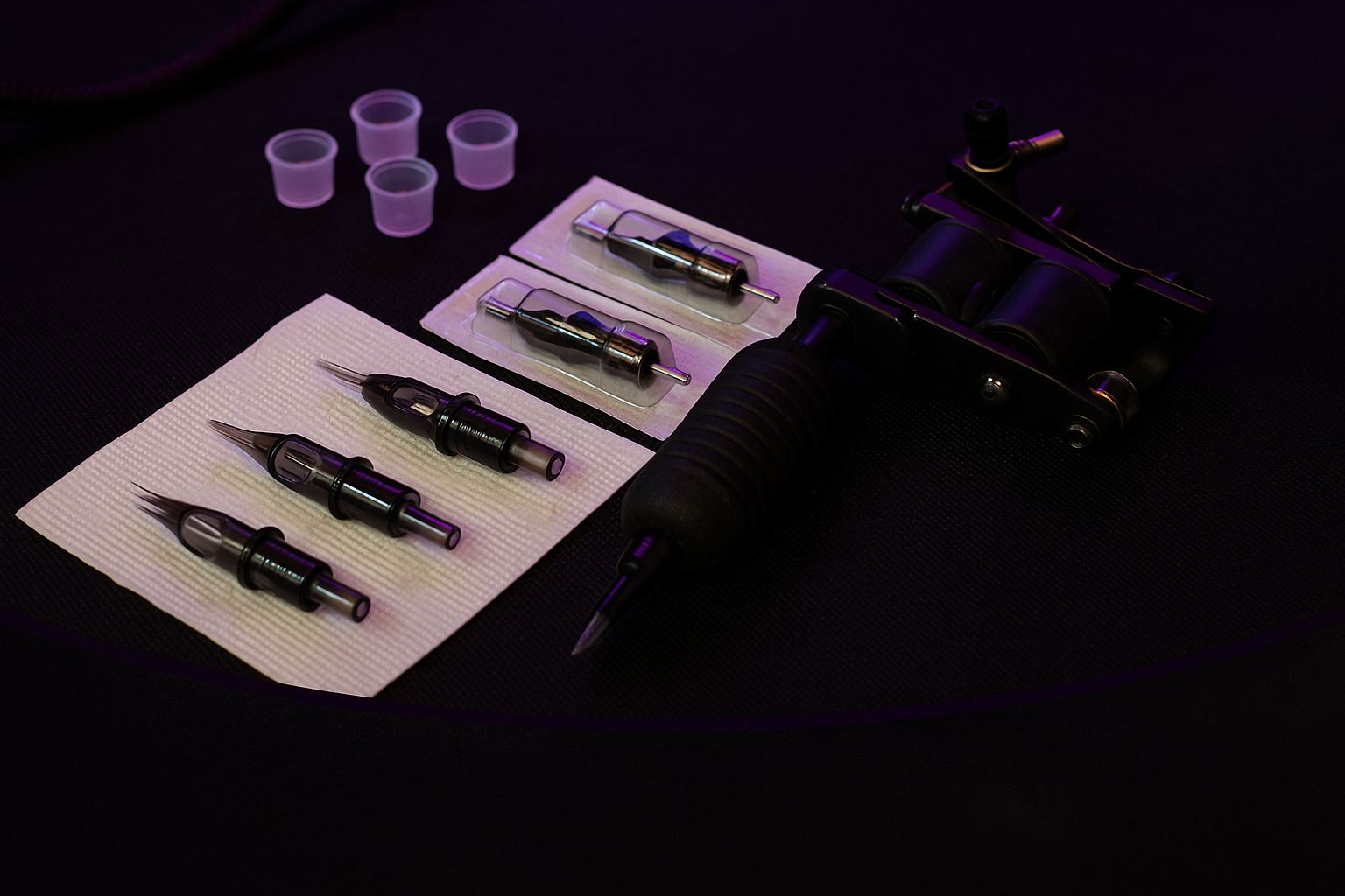 Máquina de tatuar y agujas esterilizadas sobre mesa oscura en Víbora Studio Tattoo.